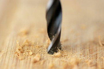 Wall Mural - Close up of drill that pierces the wood. sawdust flies away