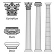 A set of antique Greek historical columns and capitals for them: the Ionic, Doric and Corinthian capitals