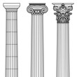 A set of antique Greek and historical columns with Ionic, Doric and Corinthian capitals Vector line illustration.