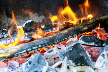 Firewood burning in a brazier on a bright yellow flame a tree, dark gray coals inside a metal brazier.