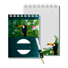 Poster - notepad and pencil with tropical fauna print