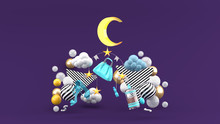 Mobile Bags, Shoes, Moon And Stars Amidst Colorful Balls On A Purple Background.-3d Rendering.