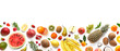 Banner from various fruits isolated on white background, top view, creative flat layout. Concept of healthy eating, food background. Frame of fruits with space for text.