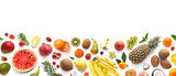 Fototapeta Tulipany - Banner from various fruits isolated on white background, top view, creative flat layout. Concept of healthy eating, food background. Frame of fruits with space for text.