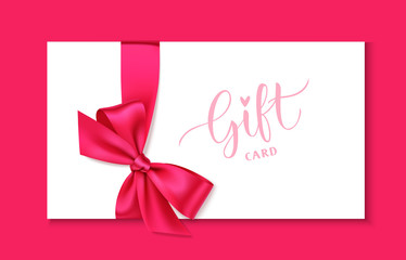 Wall Mural - Decorative white gift card design template with red bow and ribbon. Vector illustration