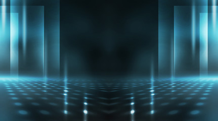 Poster - Background of empty stage show. Neon light and laser show. Laser futuristic shapes on a dark background. Abstract dark background with neon glow