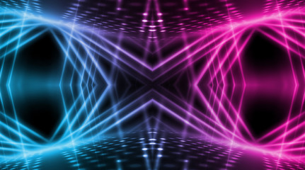 Wall Mural - dark abstract futuristic background. neon lines, glow. neon lines, shapes. pink and blue glow