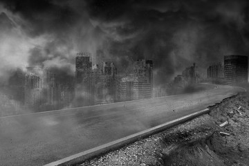 Wall Mural - The road was destroyed and damaged with the ruins of a large city building are covered with smoke from the civil war and the city abandonment, concept of wars