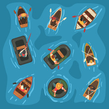 Collection Of Men Rowing Wooden And Rubber Inflatable Boats In The Sea, Top View Vector Illustration