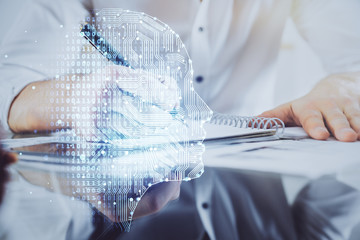 Man with multi exposure atificial intelligence brain icons.