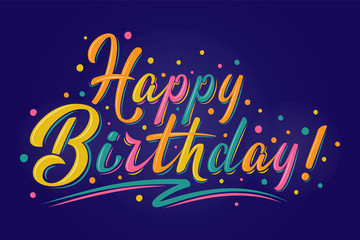 Wall Mural - Happy Birthday sign. Vector multicolored logo. Hand drawn modern brush lettering on dark blue background. For holiday design, postcard, party invitation, banner, poster. Greeting label template