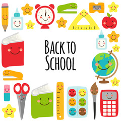 Cute Back to school frame design with colorful funny cartoon characters, education theme background
