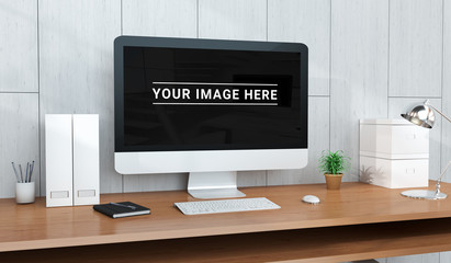 Poster - Computer and devices on modern wooden desk interior 3D rendering