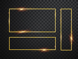 Poster - Gold shiny glowing frames set with shadows isolated on transparent background. Pack of luxury realistic square, round, oval borders. Vector illustration