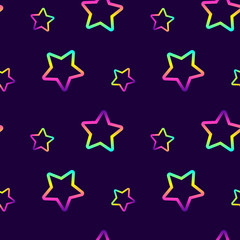 Seamless pattern with colorful neon gradient stars. Cute, kawaii wallpaper. Dark blue sky background.