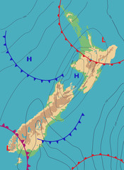 Wall Mural - realistic weather map of the new zealand showing isobars and weather fronts. meteorological forecast