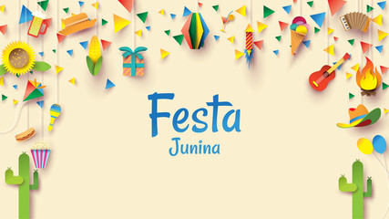 Festa Junina festival design on paper art and flat style with Party Flags and Paper Lantern, Can use for Greeting Card, Invitation or Holiday Poster. - Vector