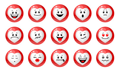 Wall Mural - vector set of love emoticons. collection of red balls with white heart shapes with different emotion
