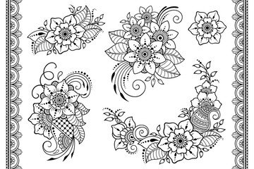 Set of Mehndi flower pattern and seamless border for Henna drawing and tattoo. Decoration in ethnic oriental, Indian style. Doodle ornament. Outline hand draw vector illustration.