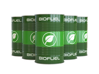 Biofuel barrels with biofuel symbol 3d rendering