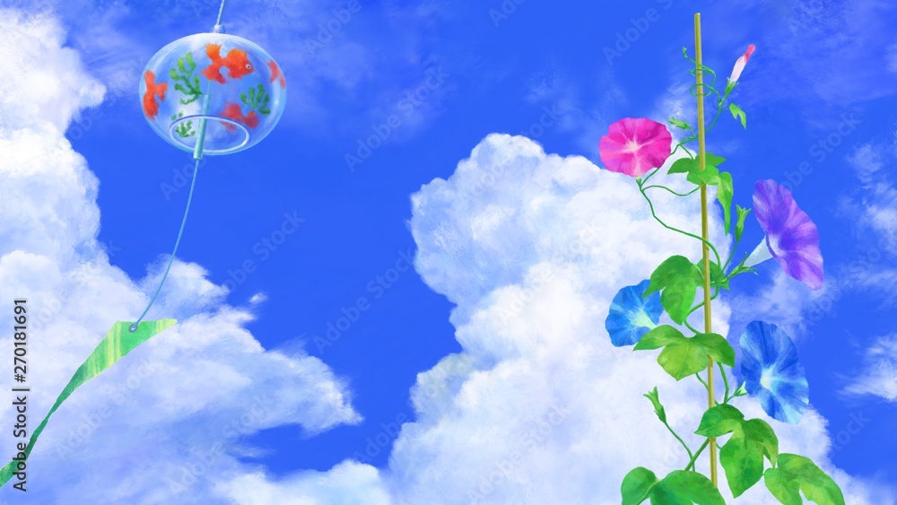 夏真っ盛りのイラスト 風鈴とアサガオ Flower Wall Mural Flow Gyoganjin