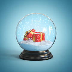 Open gift box inside snow globe 3d rendering