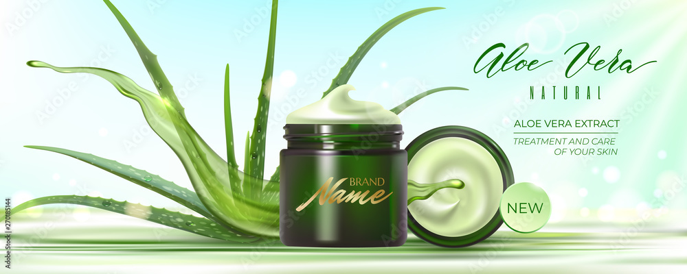 Vetor Design advertising poster of cosmetic product for catalog, magazine.  Design of cosmetic package with aloe vera plant and water  splash.Moisturizing cream, gel, body lotion with aloe vera extract. do  Stock |