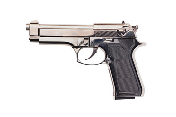 One modern metal chrome glossy gun with black plastic handle isolated on white