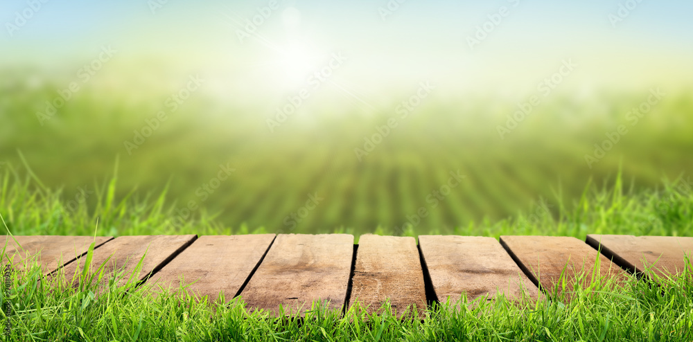 A wooden table with a sunny summers farmland background - obrazy, fototapety, plakaty 