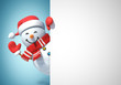 © koya979 - Snowman behind blank white poster, copy space greeting card template, 3d rendering