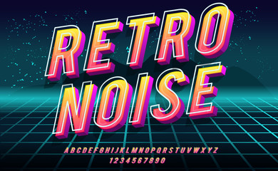 retro noise. 3d bold font in 1980s style. illustration of 1980 retro neon poster. futuristic landsca