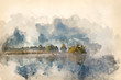 Watercolor painting of Calm still lake with mist hanging over water on frosty Autumn Fall morning landscape