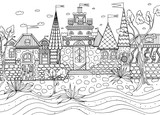 Fototapeta Boho - coloring fairy castles, houses and trees for children and adults hand-drawn in black ink with fine details on an isolated white background, a series of anti-stress for creativity