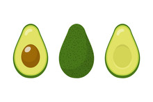 Set Of Fresh Whole And Half Avocado Isolated On White Background. Organic Food. Cartoon Style. Vector Illustration For Design.
