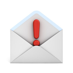 Aufkleber - Alert email message concept Exclamation mark in white envelope isolated on white background with shadow 3D rendering