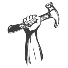 Hand Holding A Hammer, Tools Icon Cartoon Hand Drawn Vector Illustration Sketch