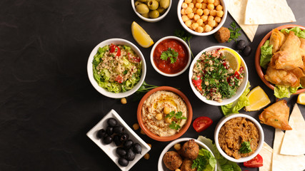 Wall Mural - assorted of lebanese food with falafel, hummus,tabouleh,samosa and aubergine caviar