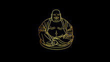 Feng Shui Talisman Gold With Black Background. Hotei Happy Laughing Buddha. Vector Line Outline Illustration 