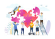 Promoting world peace, love metaphor illustration. People composing heart mosaic, adding jigsaw puzzles. Community activists holding loudspeaker. Cooperation, collaboration for common wellbeing.