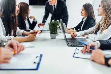 Wall Mural - Focus at group of managers with laptop..