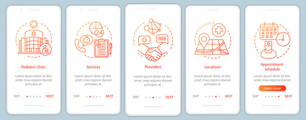 Pediatric clinic onboarding mobile app page screen with linear concepts