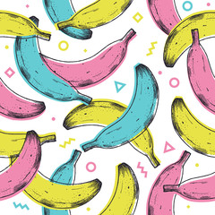 Colored fun banana seamless pattern. 90s style background. Vector illustration
