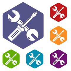 Poster - Tools repairicons vector colorful hexahedron set collection isolated on white