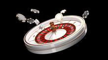 Casino Background. Luxury Casino Roulette Wheel Isolated On Black Background. Casino Theme. Close-up White Casino Roulette With A Ball, Chips And Dice. Poker Game Table. 3d Rendering Illustration.