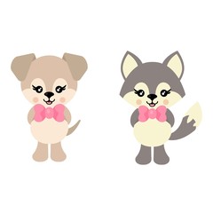 Wall Mural - cartoon cute dog and wolf with bow vector