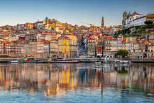Porto, Portugal Old Town Skyline From Across The Douro River.