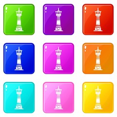 Sticker - Tall lighthouse icons set 9 color collection isolated on white for any design