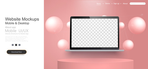 Fototapete - Realistic modern laptop isolated on coral background. Vector illustration 