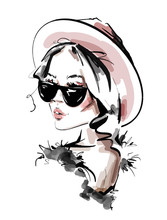 Hand Drawn Beautiful Young Woman In Sunglasses. Stylish Elegant Girl. Fashion Woman Look. Sketch. Vector Illustration.