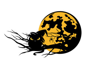 Wall Mural - creepy black cat wearing witch hat sitting on tree branch against full moon - halloween vector desig